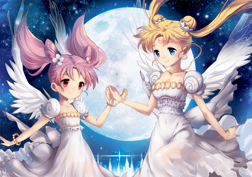 2girls, bishoujo_senshi_sailor_moon, blonde_hair, blue_eyes, bow, bracelet, chibi_usa, collarbone