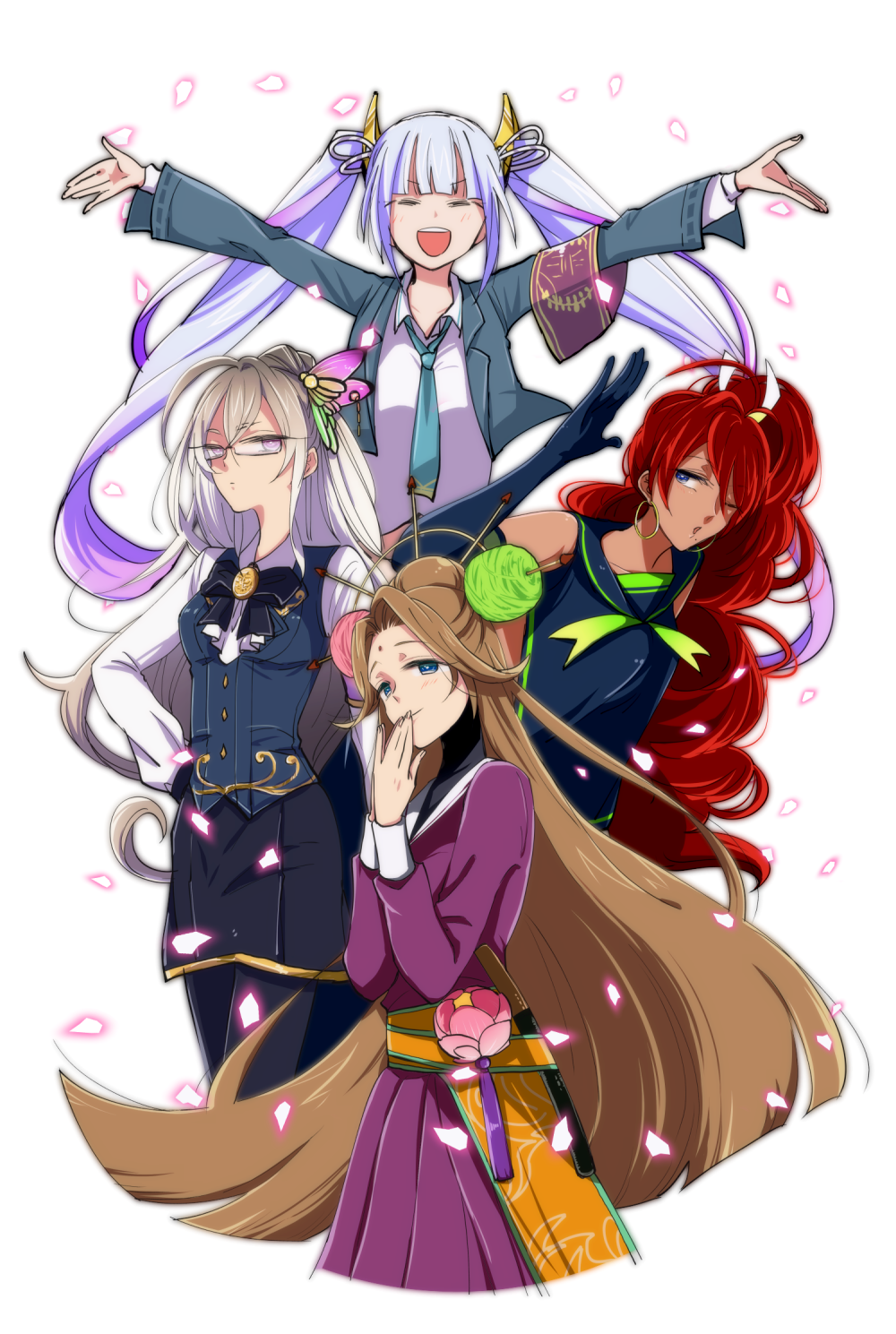 4girls, =_=, brown_hair, character_request, glasses, hair_ornament, hands_together, highres, kanbe_taima, long_hair, multiple_girls, necktie, outstretched_arms, sash, shinken!!, sleeveless, spread_arms, twintails, yarnball