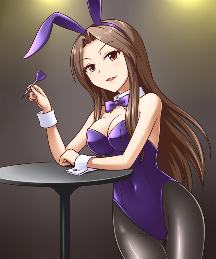 1girl, animal_ears, artist_request, bowtie, brown_hair, bunnysuit, dart, detached_collar