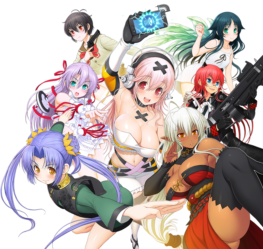 1girl, 6+girls, al_azif, antenna_hair, arm_up, armpits, bare_shoulders, blue_eyes, blush, breasts, cellphone, chinese_clothes, cleavage, dark_elf, dark_skin, demonbane, detached_sleeves, double_bun, dress, elf, ethica_kibanohara, flat_chest, frills, glasses, gloves, green_eyes, green_hair, gun, hair_ribbon, headphones, horns, kikokugai, kong_ruili, large_breasts, long_hair, looking_at_viewer, multiple_girls, navel, nitro+_blasterz, nitroplus, official_art, open_mouth, orange_eyes, phone, pink_hair, pointy_ears, purple_hair, red_eyes, redhead, ribbon, sansei_muramasa, saya, saya_no_uta, smartphone, smile, solo, soukou_akki_muramasa, sundress, super_sonico, thigh-highs, tokyo_necro, tsuji_santa, twintails, very_long_hair, weapon, white_hair, wings, wrist_cuffs, yellow_eyes