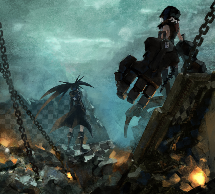 2girls, black_hair, black_legwear, black_rock_shooter, black_rock_shooter_(character), cancer_(zjcconan), chain, dark_skin
