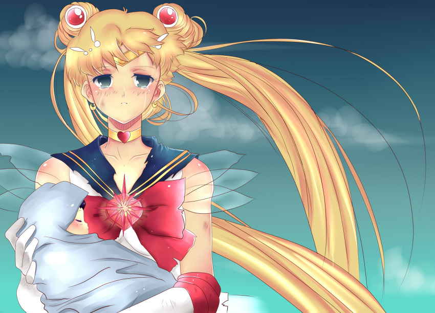 baby, bishoujo_senshi_sailor_moon, blonde_hair, blue_eyes, bruise, choker, clouds, crying, double_bun, earrings, hair_ornament, highres, holding, injury, jewelry, long_hair, ribbon, sailor_moon, streaming_tears, tears, tiara, tomoe_hotaru, torn_clothes, tsukino_usagi, vanessa_trevi&ntilde;o, very_long_hair, younger