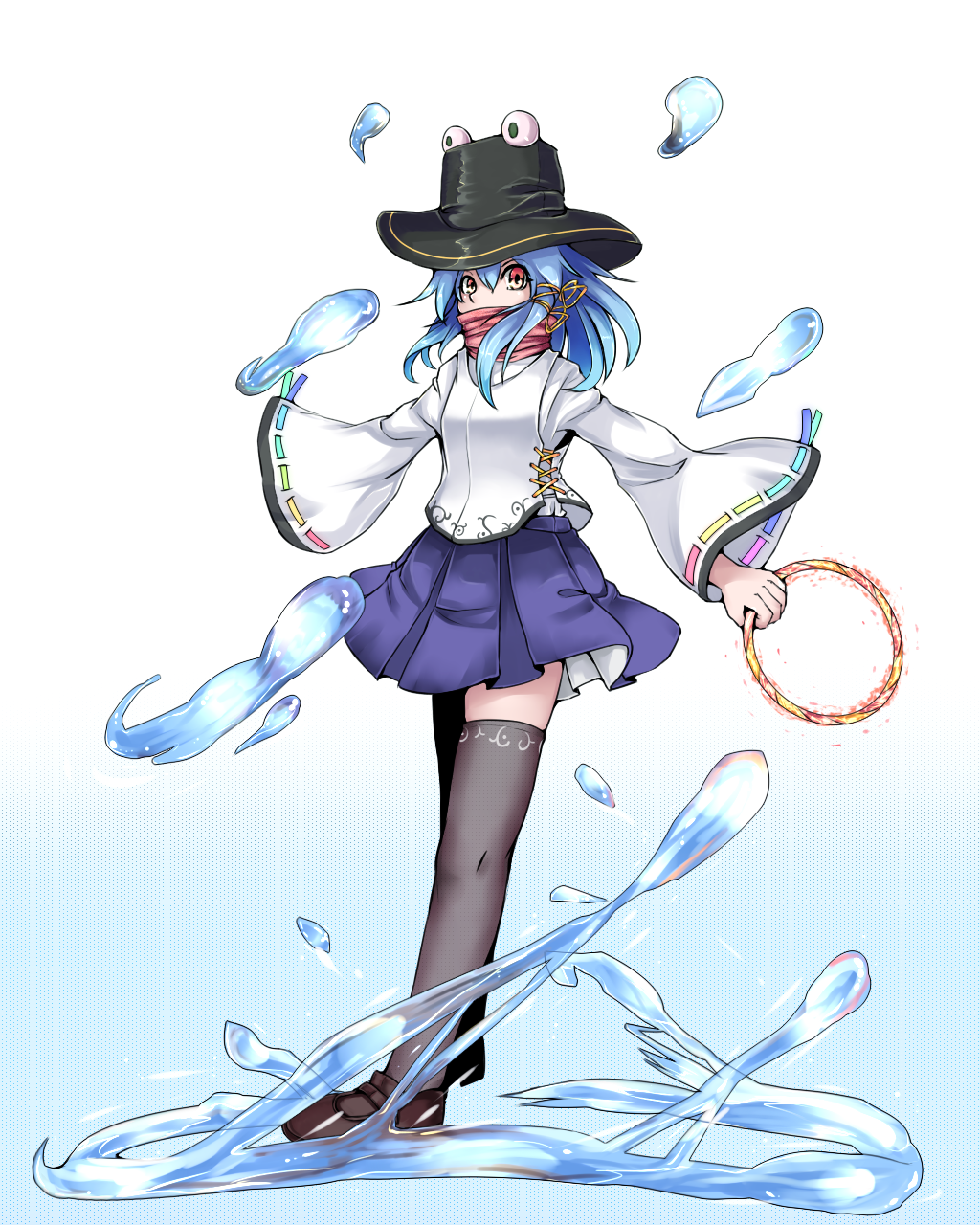 1girl, black_legwear, black_shoes, blue_hair, blush, covered_mouth, fusion, hat