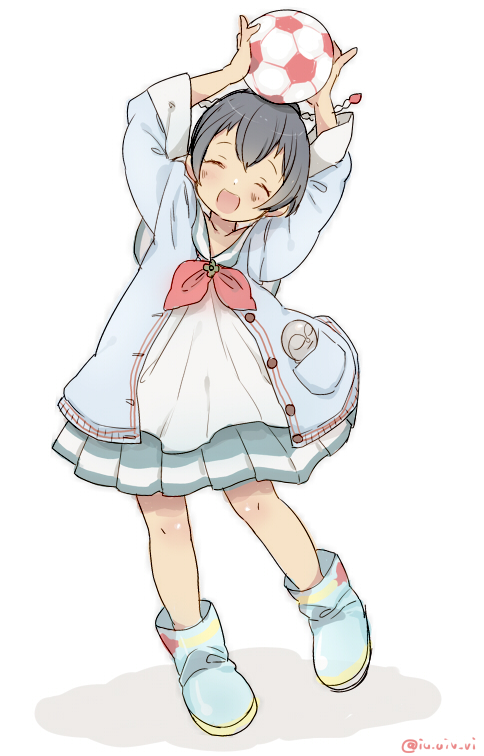 1girl, arms_up, ball, blush, closed_eyes, inazuma_eleven_(series), inazuma_eleven_go, open_mouth, pleated_skirt, rococolove, shuu's_sister, simple_background, skirt, soccer_ball, solo, telstar, twitter_username, white_background