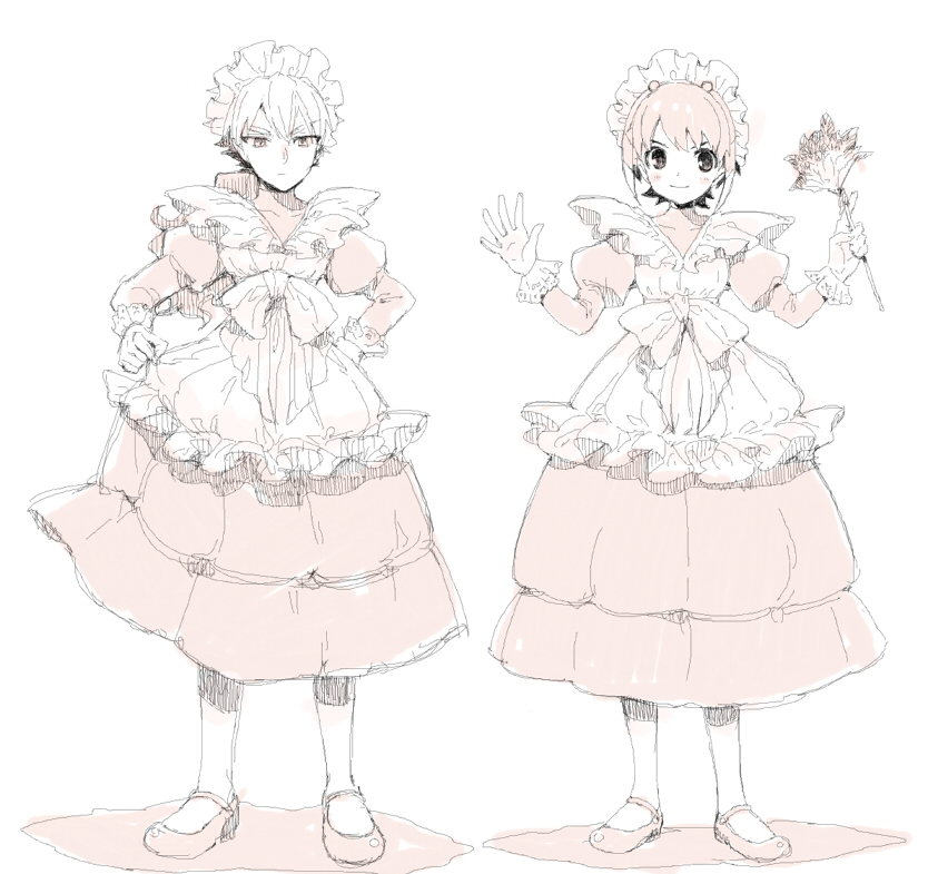 2boys, alternate_costume, crossdressinging, enmaided, feather_duster, full_body, hair_ornament, hakuryuu_(inazuma_eleven)