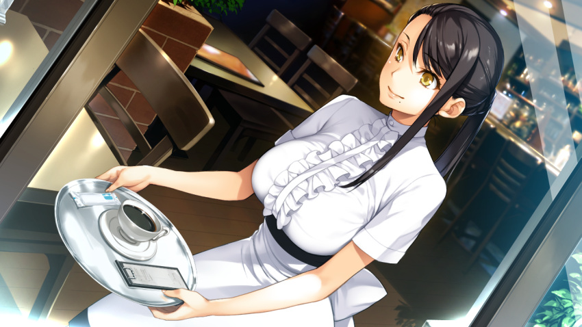 1girl, asymmetrical_bangs, bangs, black_hair, brown_eyes, cafe, chair, dutch_angle