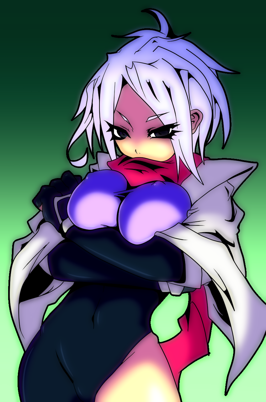 1girl, asymmetrical_clothes, asymmetrical_legwear, black_gloves, bodysuit, breasts, brown_eyes, crossed_arms