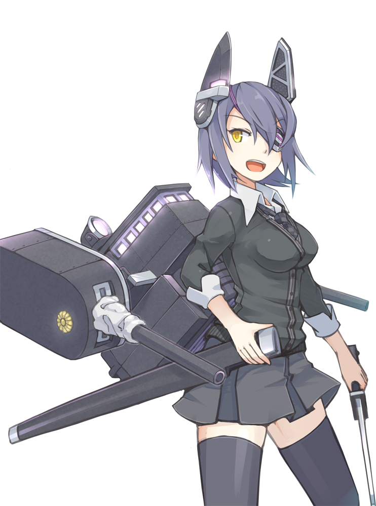 1girl, :d, black_legwear, black_skirt, cardigan, checkered_necktie, eyepatch, headgear