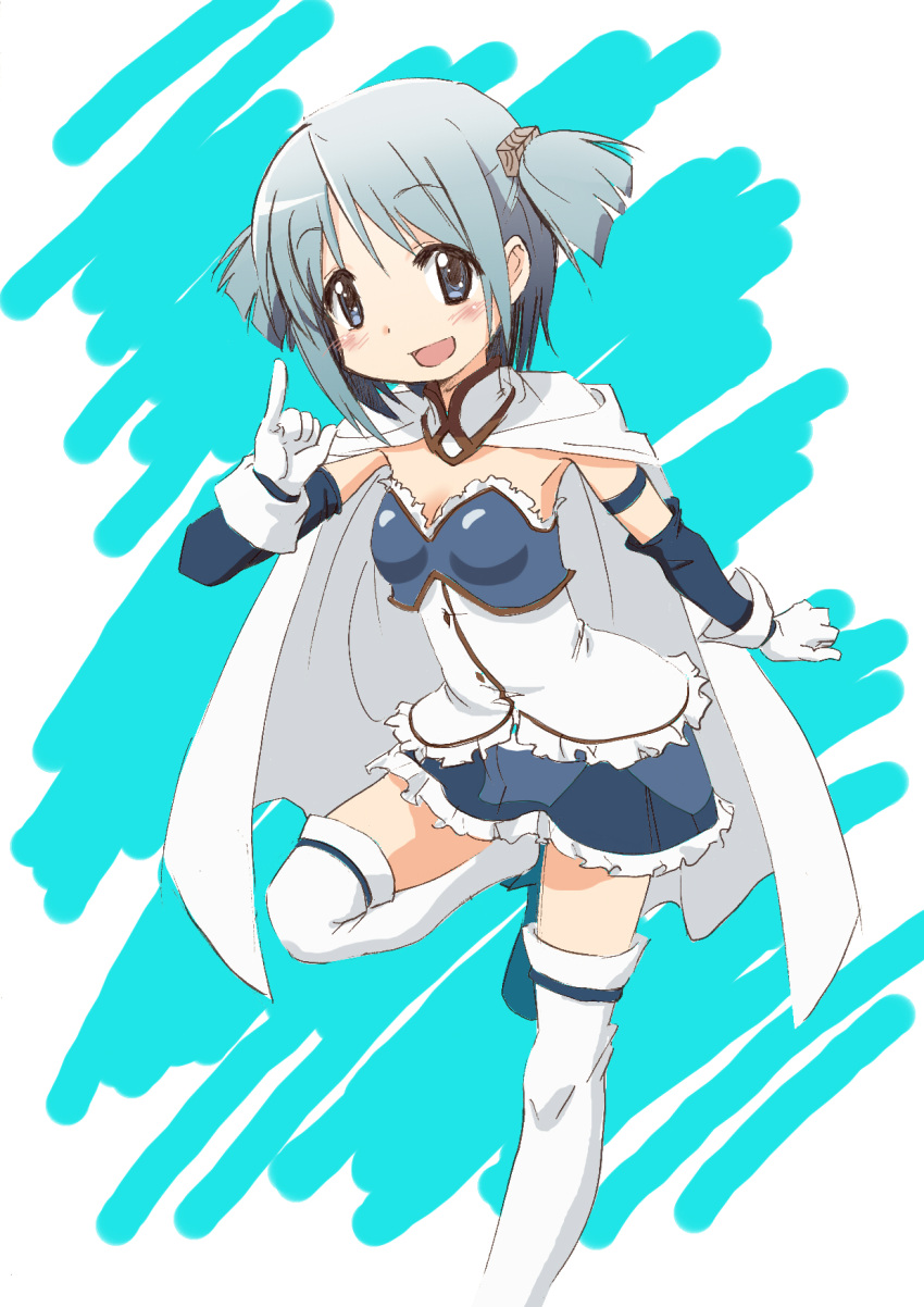 1girl, :d, alternate_hairstyle, armband, blue_eyes, blue_hair, cape, gloves, highres, magical_girl, mahou_shoujo_madoka_magica, miki_sayaka, nichijou, open_mouth, satoda_shouji, short_hair, short_twintails, smile, solo, thigh-highs, twintails, zettai_ryouiki