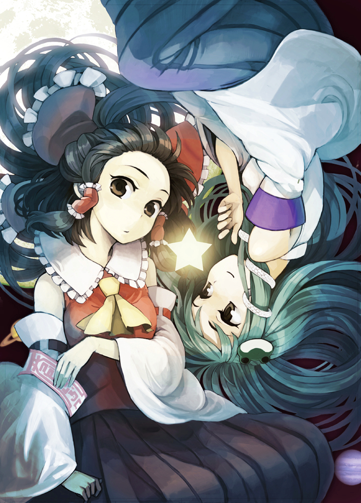 2girls, ascot, black_hair, bow, brown_eyes, detached_sleeves, expressionless, frog_hair_ornament