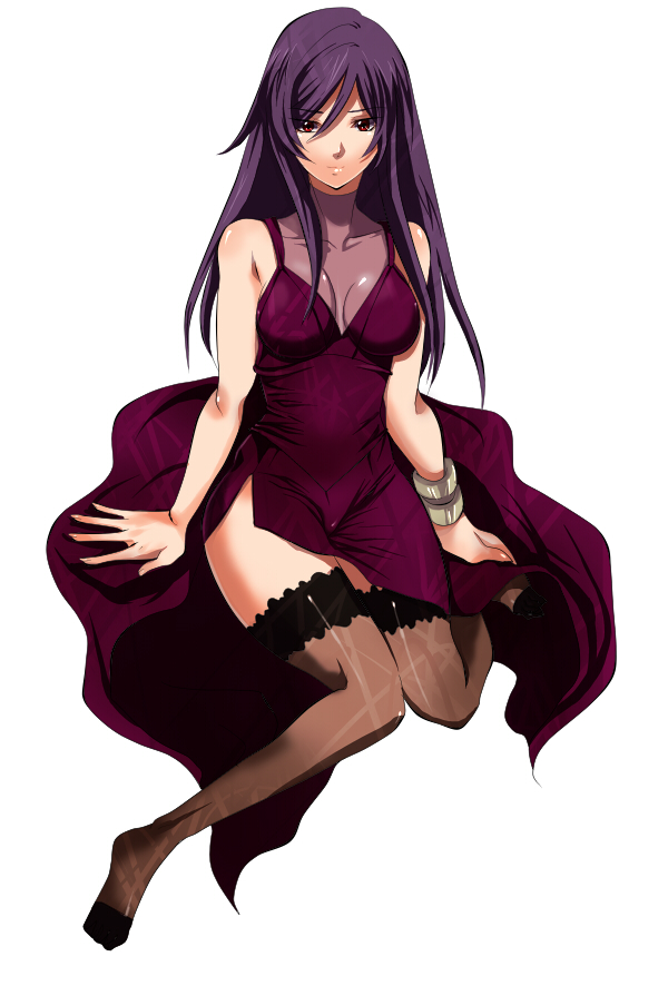 bad_id, bare_shoulders, bracelet, collarbone, crossdressing, crossdressinging, dress, gundam, gundam_00, jewelry, legs, long_hair, male, matano_maya, purple_hair, red_dress, red_eyes, smile, solo, stockings, thigh-highs, thighhighs, tieria_erde, trap
