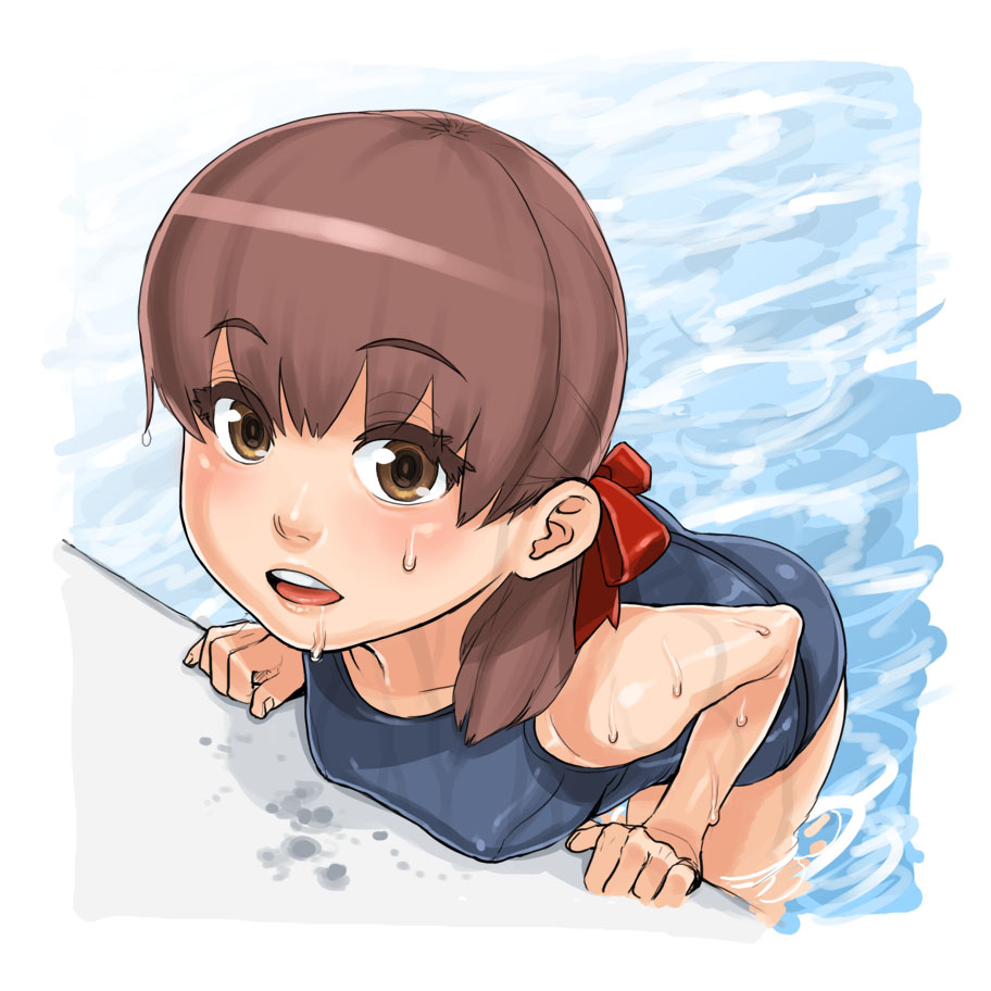 breasts, brown_eyes, brown_hair, hair_ribbon, mama_(artist), mamashi, one-piece_swimsuit, original