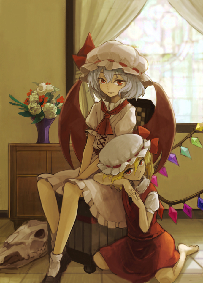 2girls, animal_skull, ankle_socks, ascot, barefoot, bat_wings, blonde_hair, chair, curtains, elbow_rest, flandre_scarlet, flower, hands_on_lap, hat, hat_ribbon, head_rest, indoors, interlocked_fingers, lavender_hair, loafers, looking_at_viewer, mitsuki_(goomoku), mob_cap, multiple_girls, on_floor, parted_lips, red_eyes, remilia_scarlet, ribbon, shoes, short_hair, short_sleeves, siblings, side_ponytail, sisters, sitting, skirt, skirt_set, stained_glass, tile_floor, tiles, touhou, v_arms, vase, wariza, window, wings