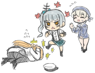 female_admiral_(kantai_collection), ga016054, kantai_collection, kasumi_(kantai_collection), long_hair, lowres, military, military_uniform, multiple_girls, naval_uniform, pantyhose, school_uniform, short_hair, side_ponytail, skirt, suspenders, translation_request, uniform, z1_leberecht_maass_(kantai_collection)