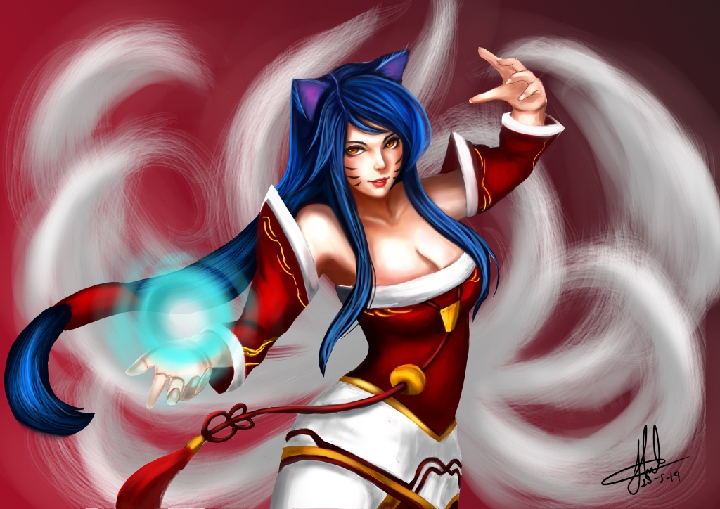1girl, ahri, animal_ears, bare_shoulders, breasts, brown_eyes, casting_spell, cleavage