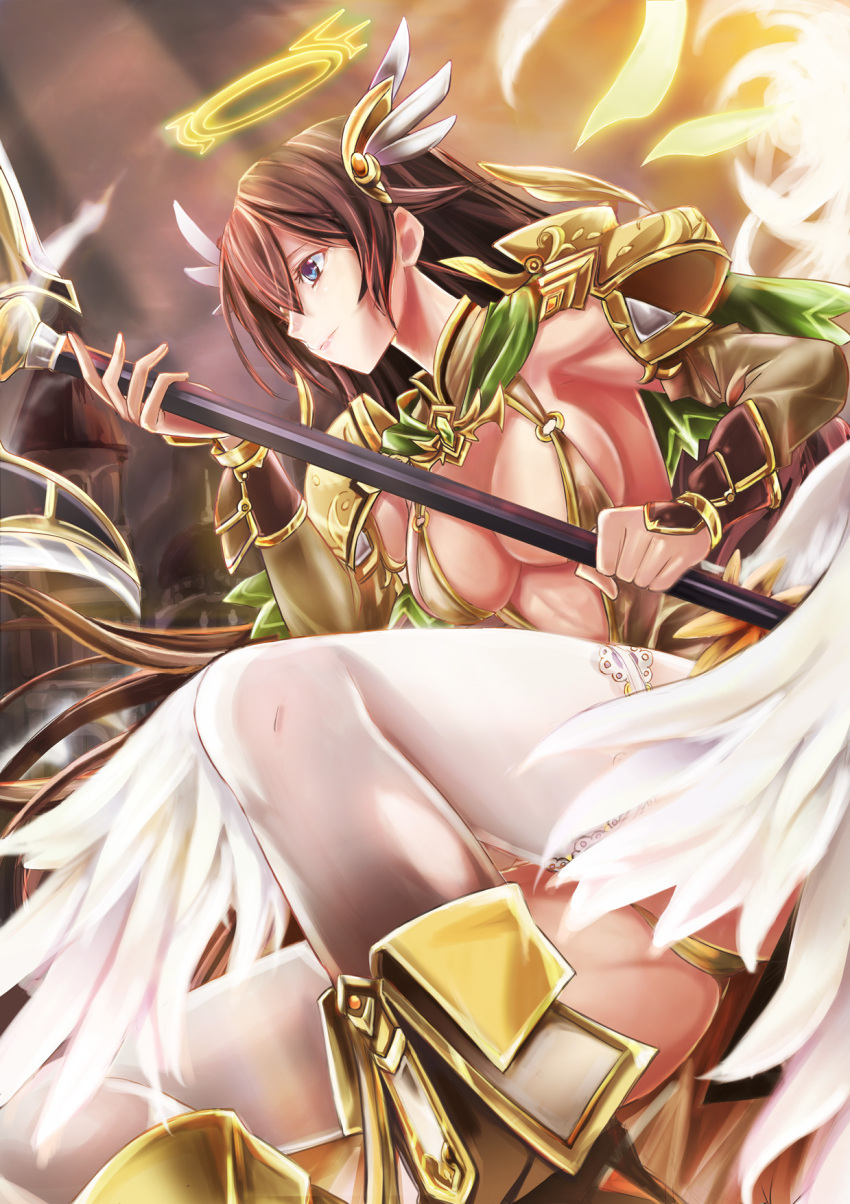 1girl, angel, angel_wings, black_hair, boots, breasts, capelet, cowboy_shot