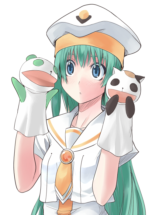 alice_carroll, aria, blue_eyes, green_hair, hand_puppet, hand_puppets, hat, long_hair