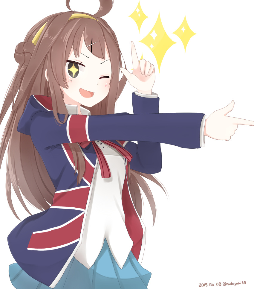 1girl, absurdres, ahoge, artist_request, brown_hair, cowboy_shot, dated, double_bun, finger_gun, hair_ornament, hairband, highres, kantai_collection, kin-iro_mosaic, kongou_(kantai_collection), kujou_karen, kujou_karen_(cosplay), long_hair, looking_at_viewer, one_eye_closed, open_mouth, pleated_skirt, school_uniform, seiyuu_connection, skirt, smile, solo, sparkle, sparkling_eyes, twitter_username, union_jack