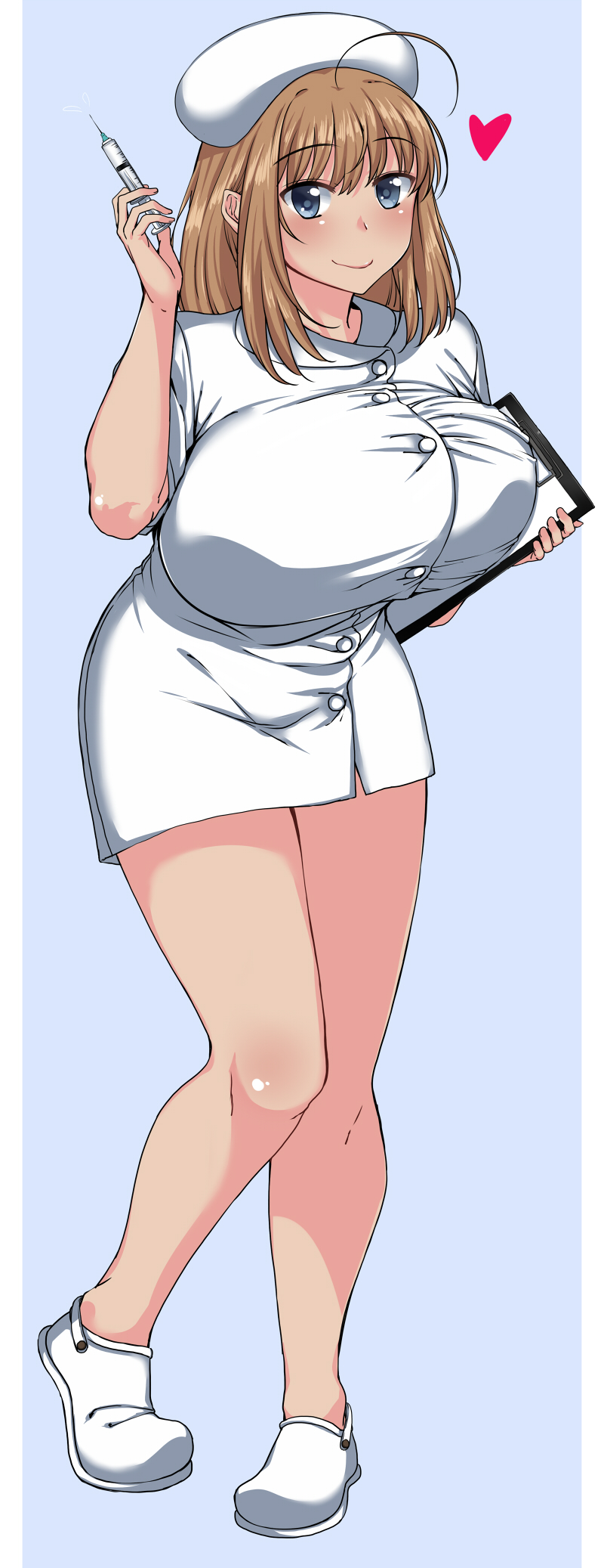 1girl, ahoge, blue_background, breasts, brown_hair, hat, heart, highres