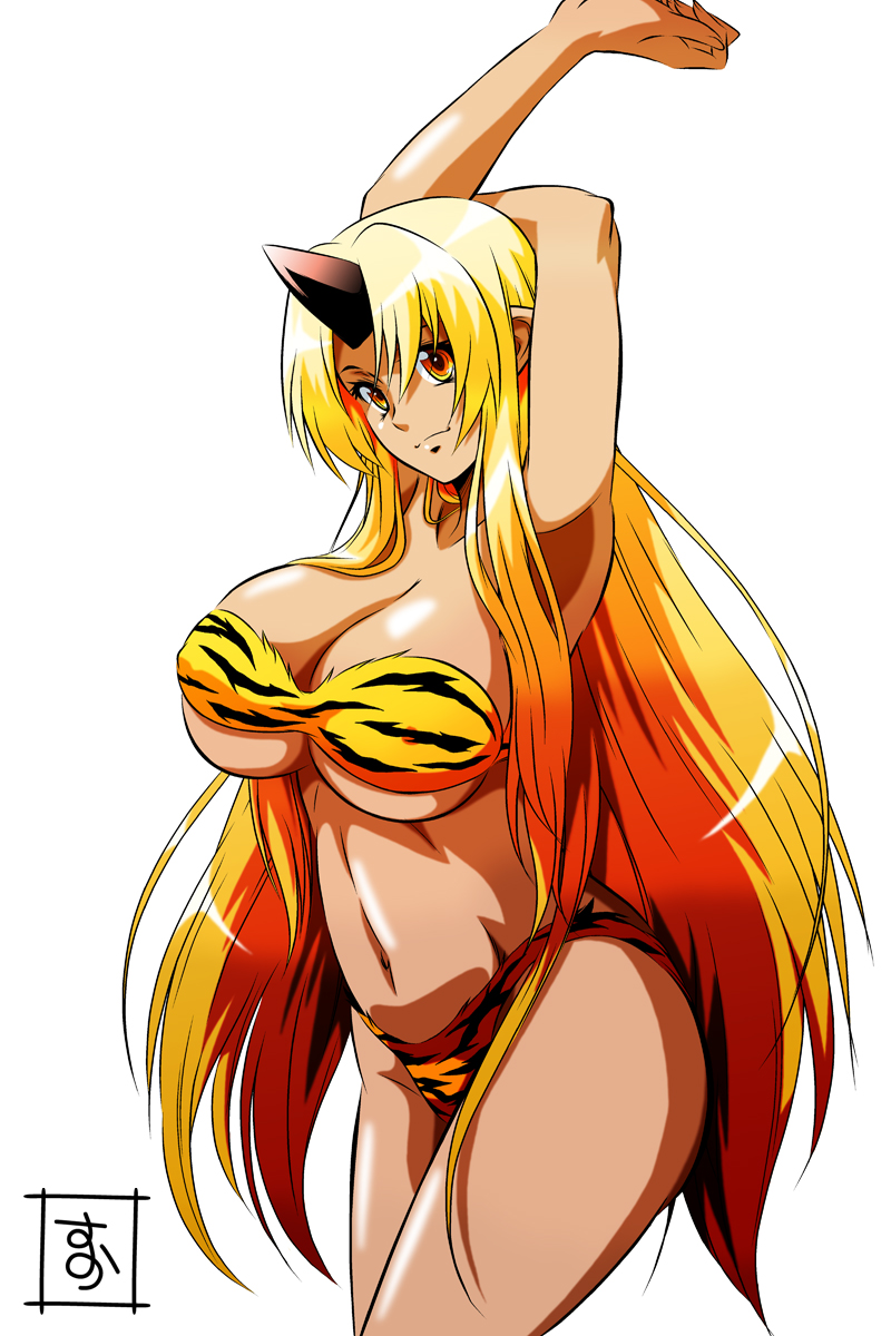 1girl, arms_up, bikini, blonde_hair, breasts, cowboy_shot, highres, horn