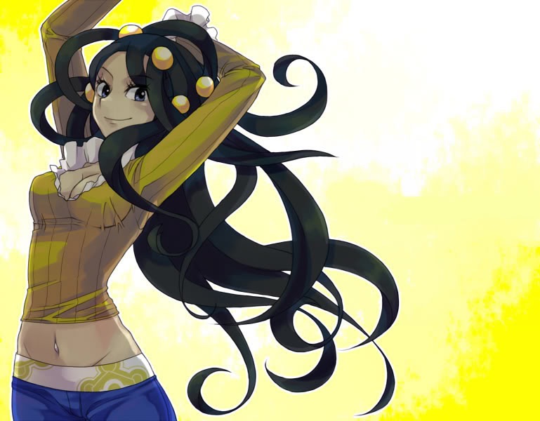 1girl, artist_request, belly_ring, black_hair, blue_eyes, breasts, cleavage, dahlia_(pokemon), dark_skin, jeans, midriff, pokemon, pokemon_(game), solo