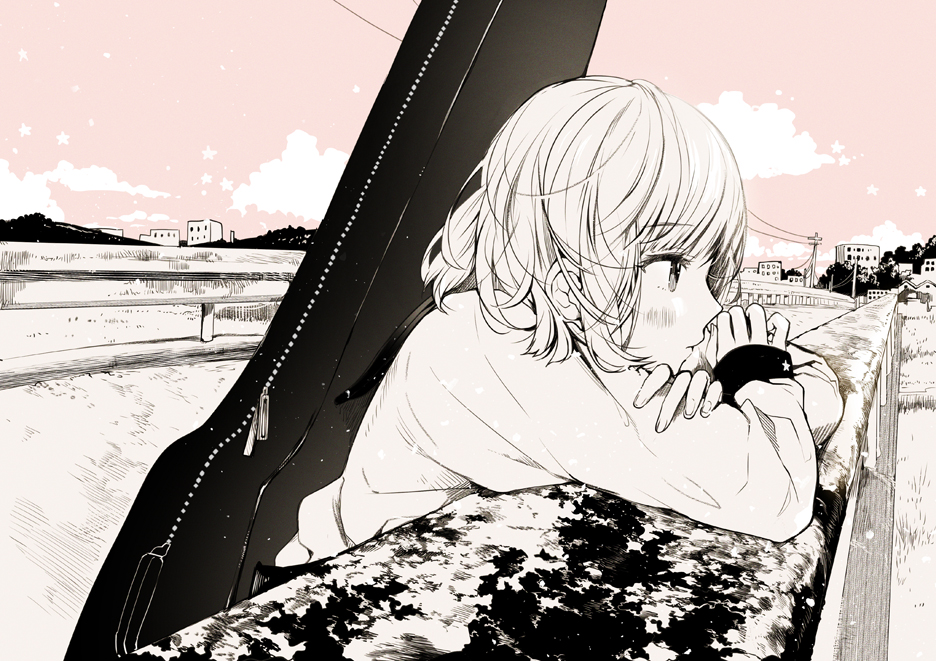 1girl, blush, clouds, crossed_arms, fly_333, guitar, instrument, instrument_case