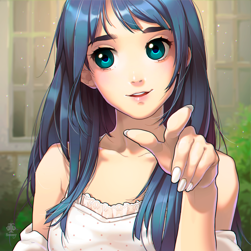 1girl, aqua_eyes, bare_shoulders, blue_hair, bush, collarbone, fingernails, hands