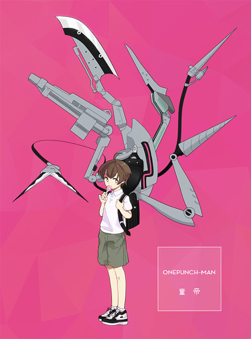 1boy, ahoge, backpack, bag, black_hair, blade, candy, character_name