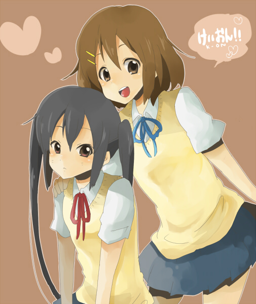black_hair, brown_eyes, brown_hair, hirasawa_yui, k-on!, kentan, long_hair, multiple_girls