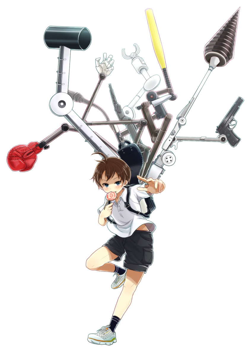 ahoge, backpack, bag, baseball_bat, black_hair, black_legwear, blue_eyes, boxing_gloves