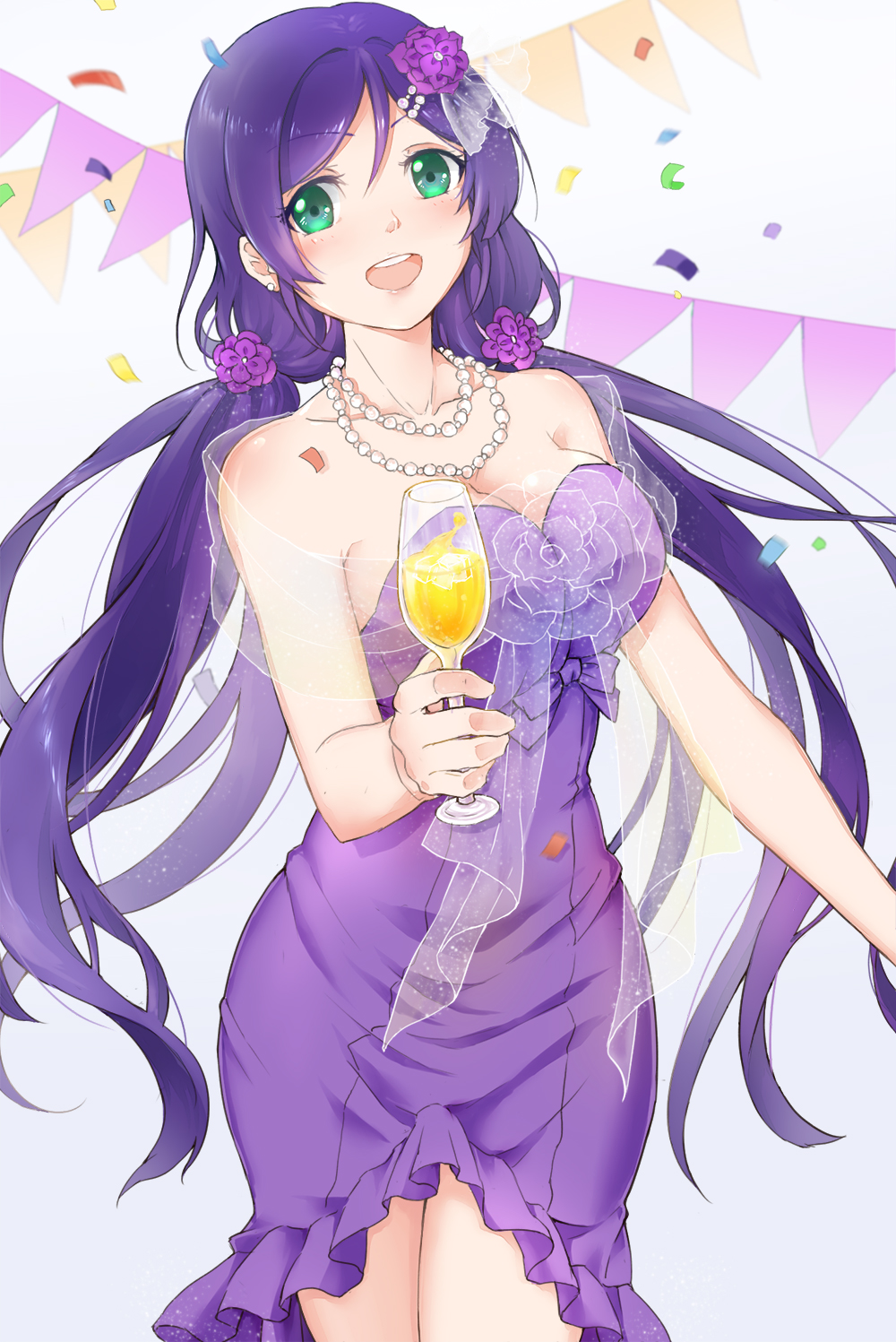 beverage, dress, green_eyes, jewelry, long_hair, love_live!_school_idol_project, low_twintails, toujou_nozomi