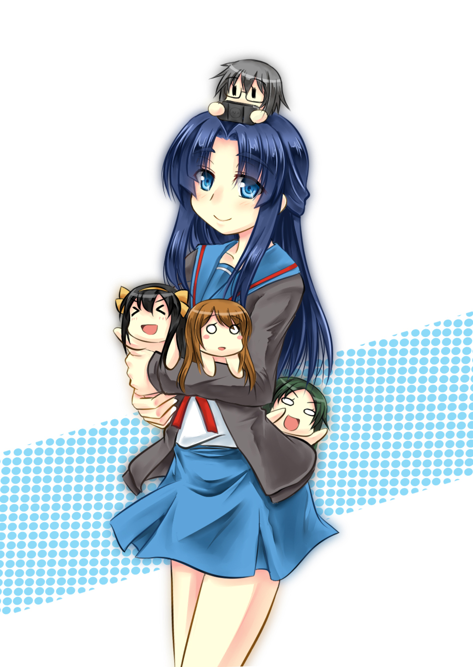 5girls, :d, asahina_mikuru, asakura_ryouko, blue_eyes, blue_hair, brown_hair, carrying