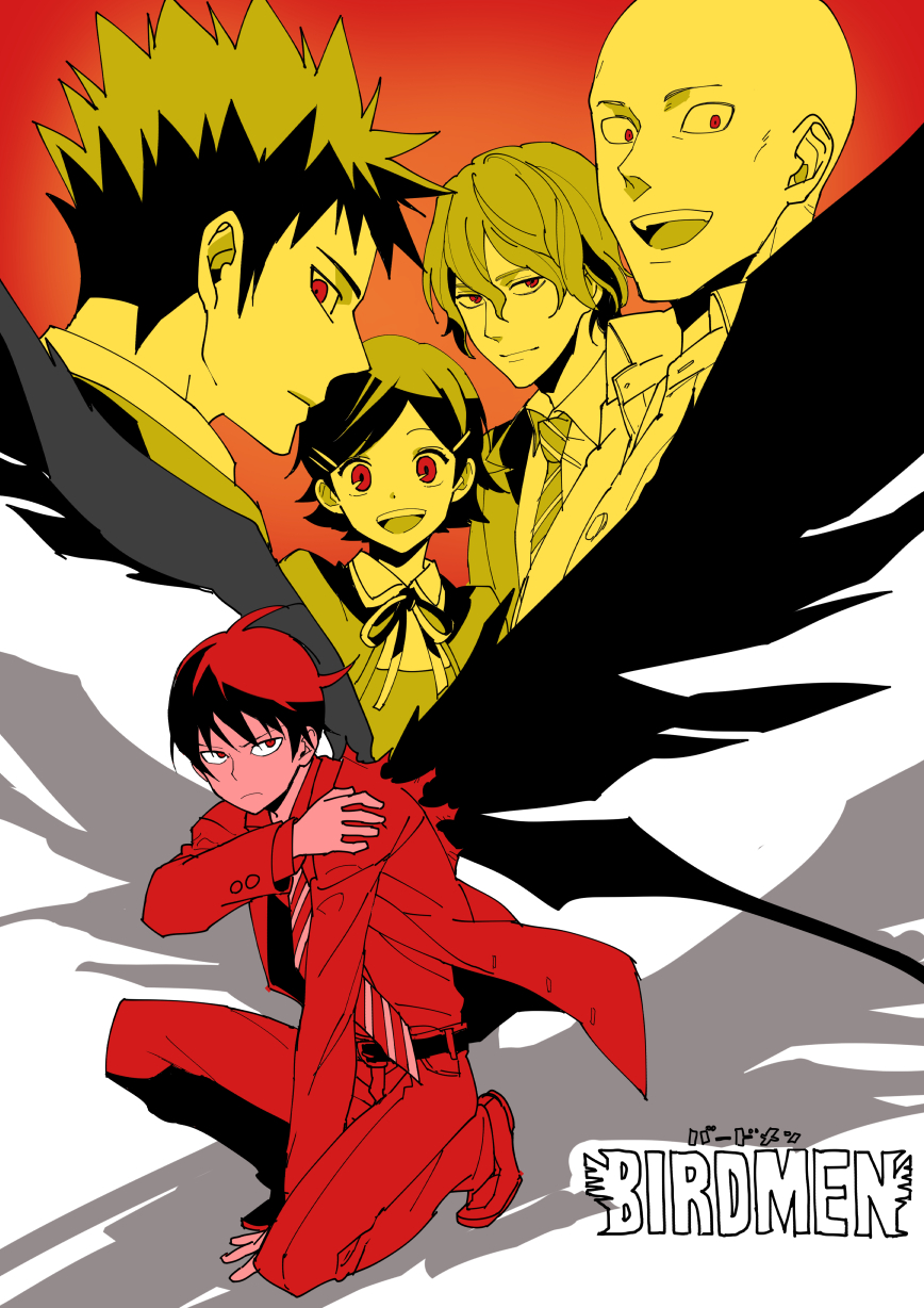 1girl, 4boys, ayao77, bald, birdmen, black_hair, highres, kamoda_mikisada, karasuma_eishi, multiple_boys, red_eyes, sagisawa_rei, school_uniform, short_hair, takayama_sou, umino_tsubame_(birdmen), wings
