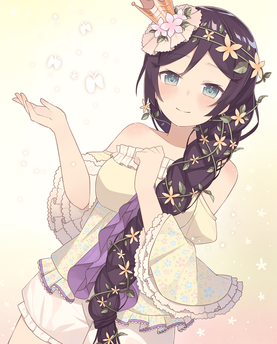 1girl, braid, breasts, crown, dress, flower, green_eyes, hair_flower, hair_ornament, long_hair, looking_at_viewer, love_live!_school_idol_project, nagitoki, purple_hair, single_braid, smile, solo, toujou_nozomi