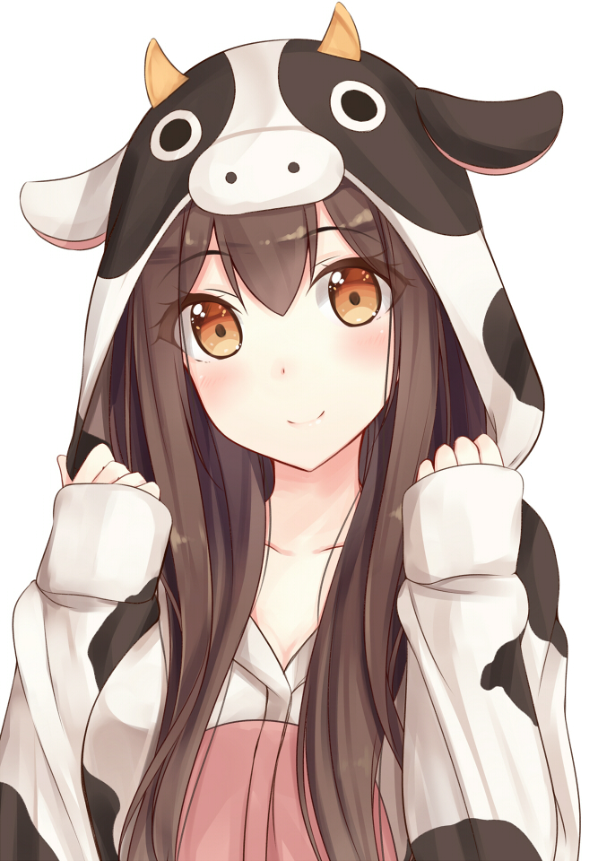 1girl, akagi_(kantai_collection), brown_eyes, brown_hair, cow_hood, kantai_collection, long_hair, shuuichi