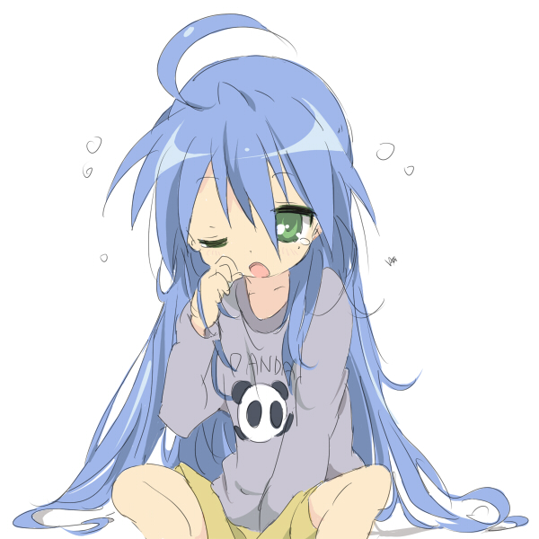 1girl, ahoge, blue_hair, core_(mayomayo), green_eyes, izumi_konata, long_hair, lucky_star, simple_background, sitting, solo, tears, white_background, wink