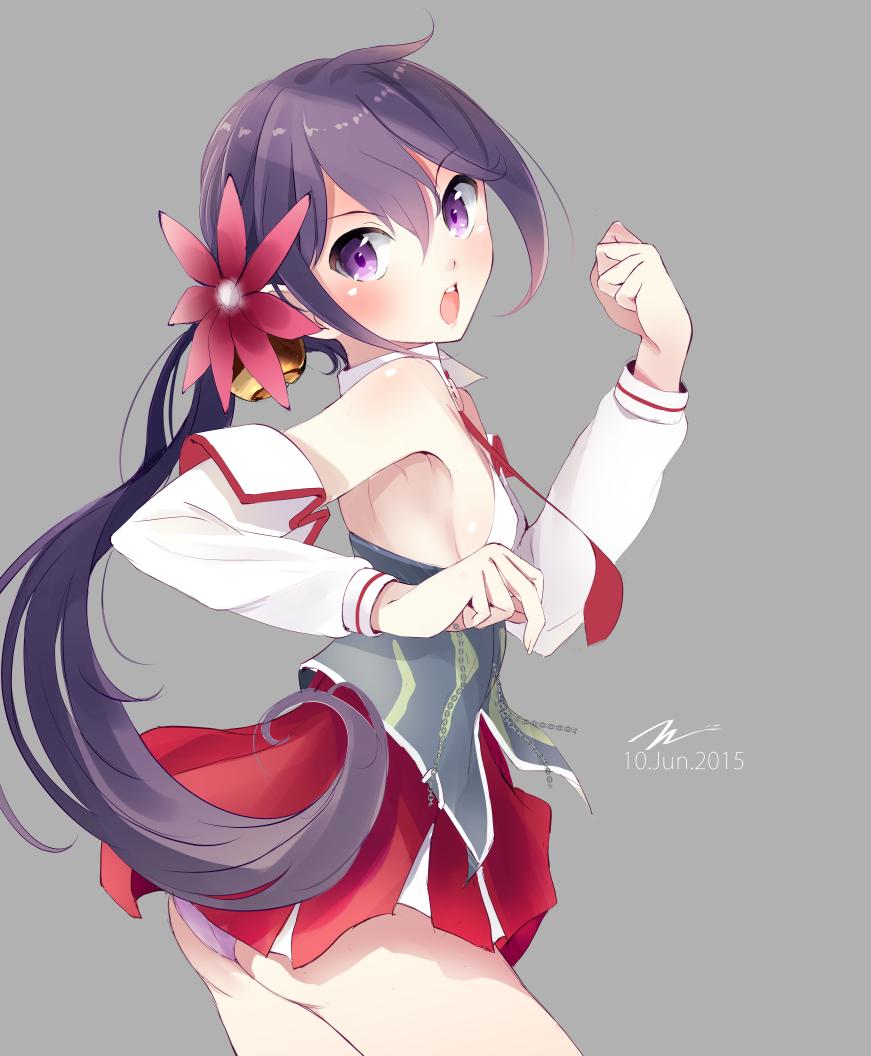 1girl, akebono_(kantai_collection), alternate_costume, artist_name, back, bare_back, bare_shoulders, bell