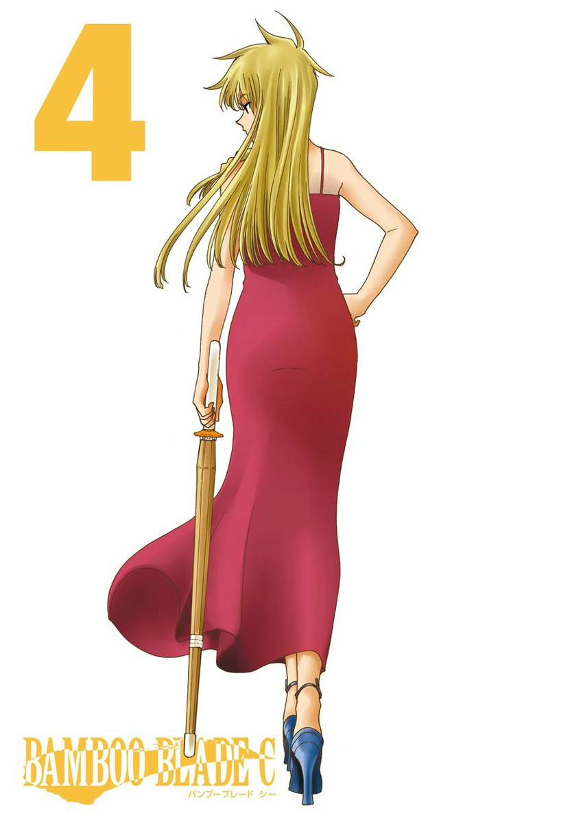 1girl, bamboo_blade, bamboo_blade_c, blonde_hair, dress, high_heels, long_hair, nabeyama_sami, official_art, red_dress, shinai, solo, sword, takao_jingu, weapon