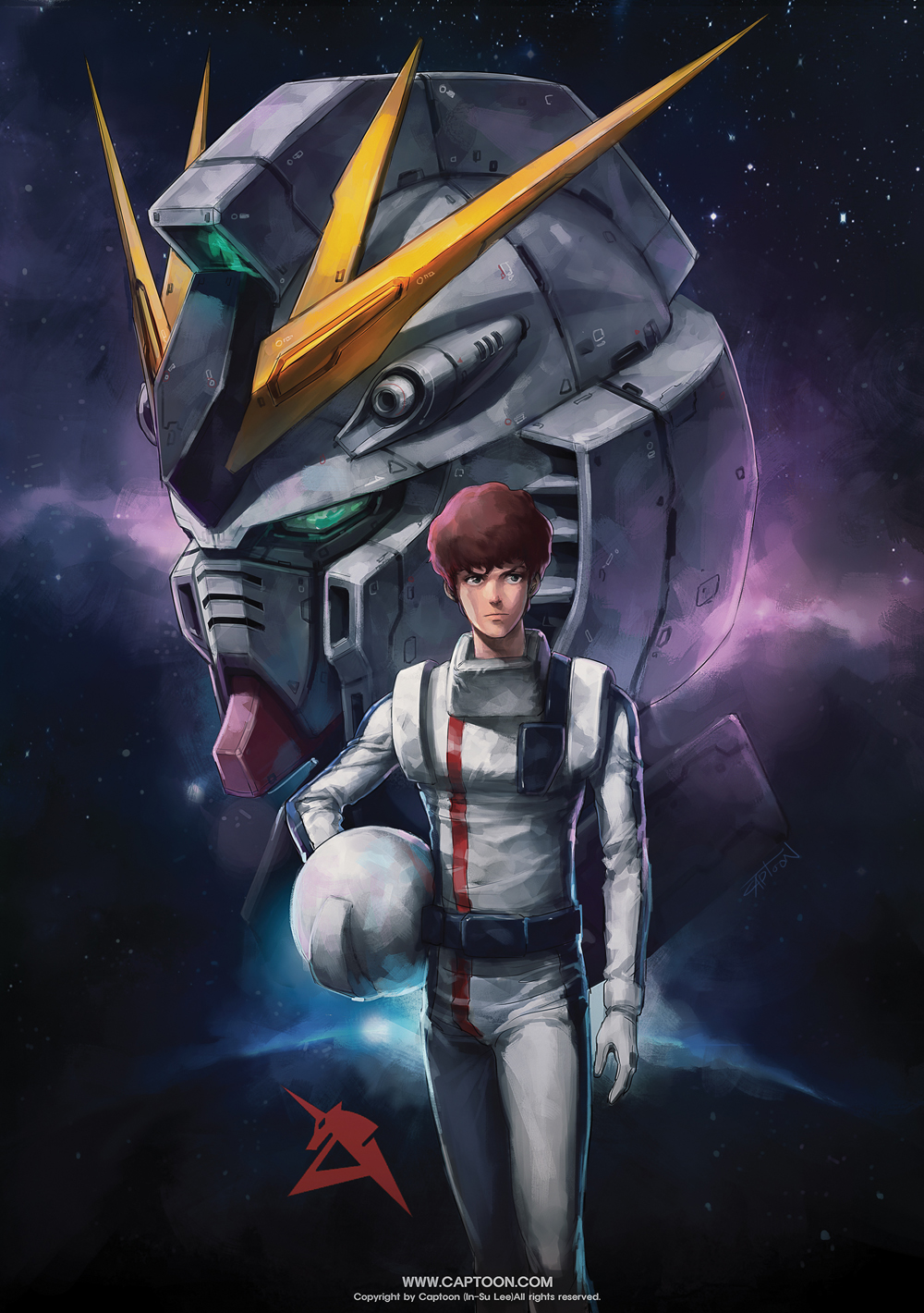 1boy, amuro_ray, brown_hair, captoon, char's_counterattack, curly_hair, green_eyes, gundam, headwear_removed, helmet, helmet_removed, highres, holding_helmet, mecha, nu_gundam, pilot_suit, short_hair, sky, space, star_(sky), starry_sky