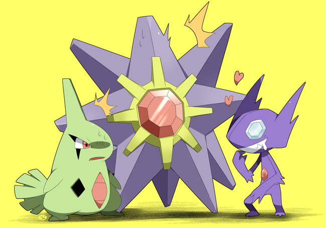 gem, larvitar, nintendo, no_humans, pokemon, pokemon_(creature), precious_stone, red_eyes, sableye, saliva, sg_(suuchan), simple_background, starmie, surprise, sweat
