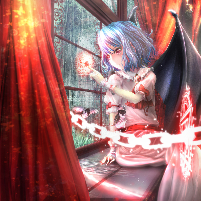 bird, chain, glowing, highres, magic_circle, pops, remilia_scarlet, sparrow