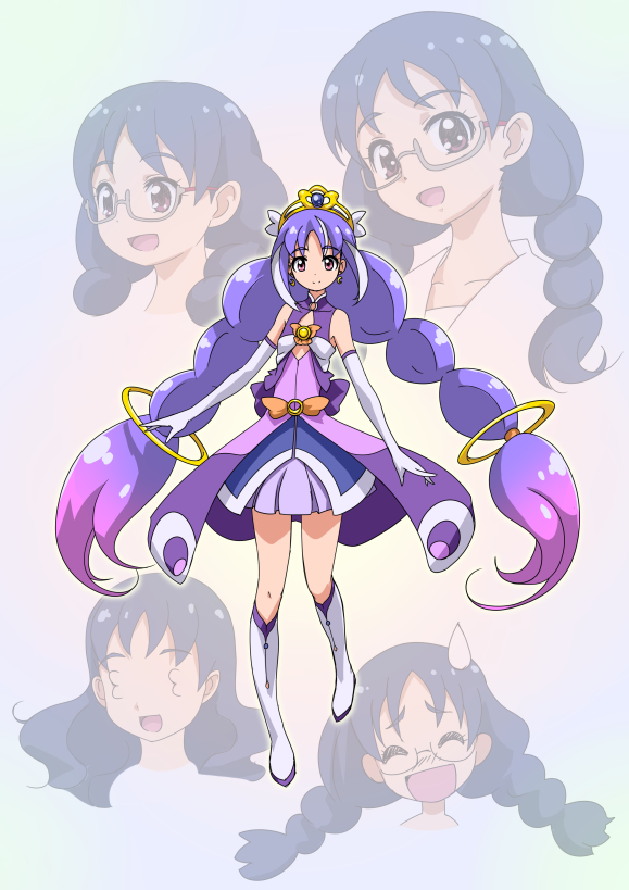5girls, blue_hair, boots, braid, brown_eyes, dress, earrings, female
