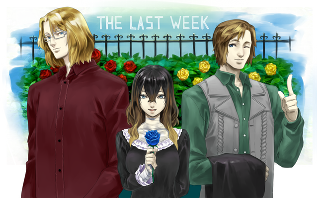1girl, 2boys, bandages, black_hair, bloodstained:_ritual_of_the_night, blue_eyes, blue_rose, brown_hair