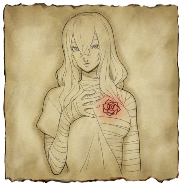 1girl, bandages, bloodstained:_ritual_of_the_night, blue_eyes, concept_art, glowing, hair_between_eyes, long_hair