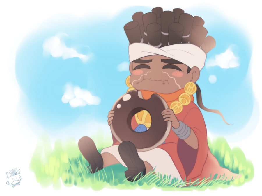 black_hair, blue_sky, blush, border, chibi, closed_eyes, clouds, dark_skin