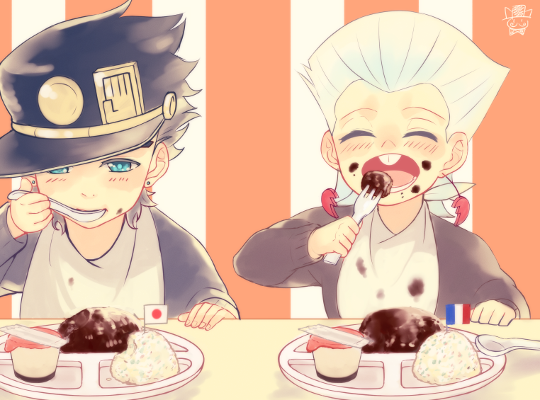 black_hair, blue_eyes, buck_teeth, child, closed_eyes, earrings, food, fork