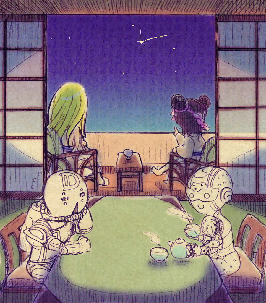 bebe_(ad234_tenrou), black_hair, crosshatching, diver_down_(stand), double_bun, green_hair, jojo_no_kimyou_na_bouken, kuujou_jolyne