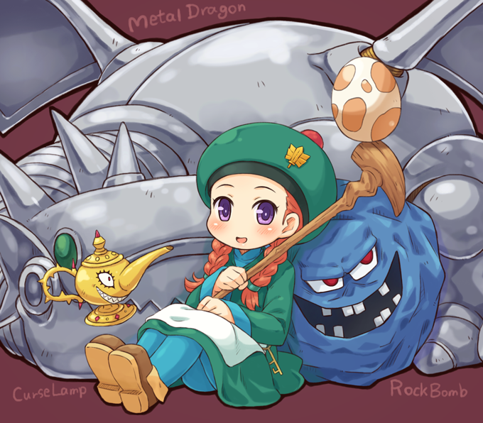 1girl, apron, beret, blue_legwear, blush, braid, dragon_quest, dragon_quest_monsters_2