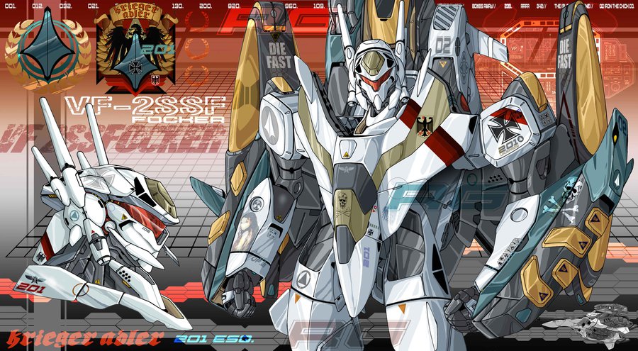 dagova_(artist), energy_cannon, german, head, iron_cross, jolly_roger, macross, macross_2, mecha, redesign, rocket_launcher, roy_focker, science_fiction, shield, signature, translation_request, u.n._spacy, vf-2ss, weapon