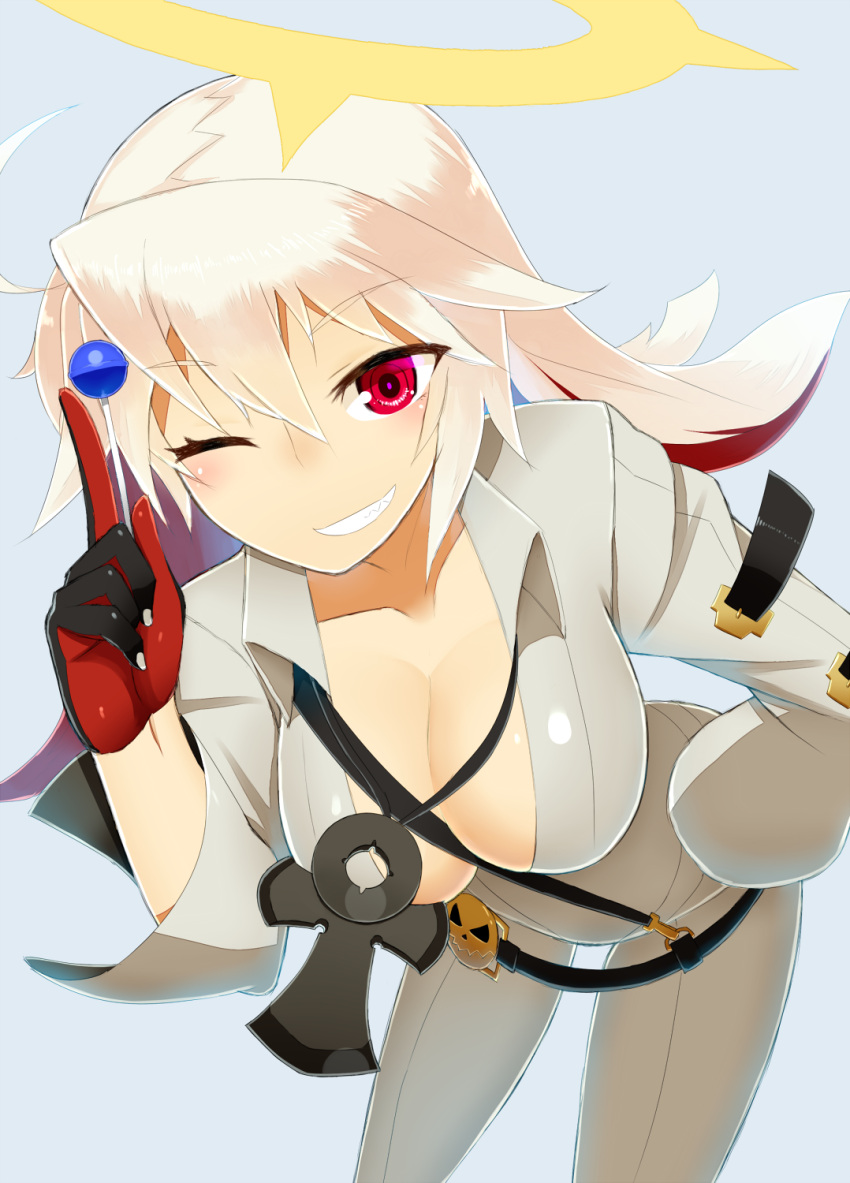 1girl, ankh, arc_system_works, belt, blonde_hair, bodysuit, breasts, candy, cleavage, close-up, from_behind, gloves, guilty_gear, guilty_gear_xrd, highres, jack-o_(guilty_gear), kuroshiro_(ms-2420), lollipop, long_hair, one_eye_closed, platinum_blonde, pov_ass, red_eyes, red_gloves, shiny, shiny_clothes, simple_background, skin_tight, solo, standing, thigh_gap, tight_pants, white_background